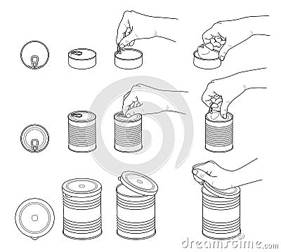 Hand collection. Hands open various tin cans. Set of various tin cans with key, ring and plastic lid. Vector Illustration